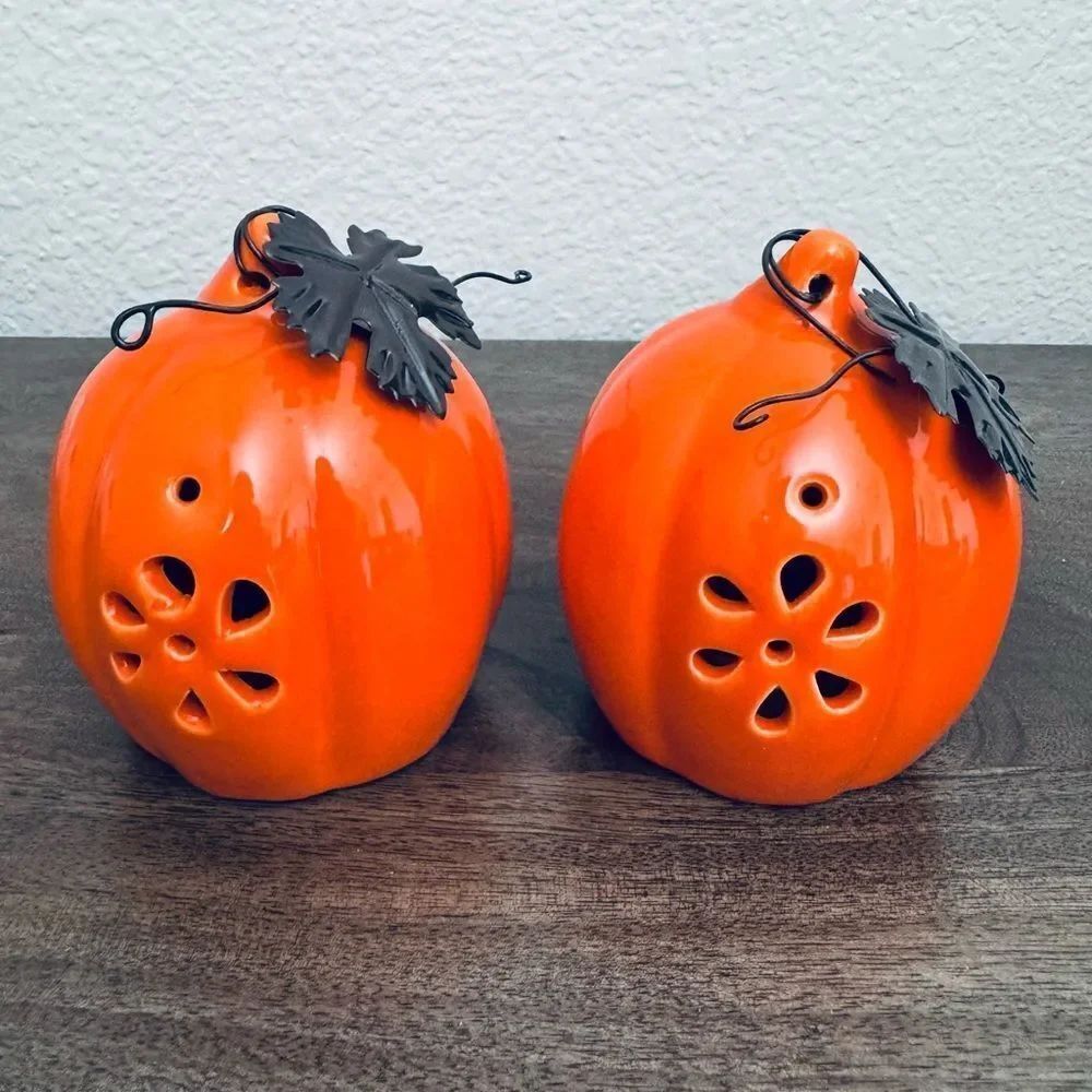 Orange Ceramic Pumpkin Figurines Fall Autumn Halloween Decor Set